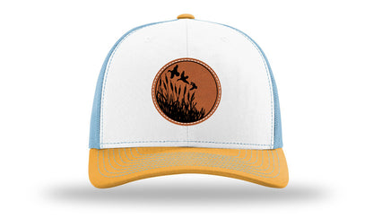 Ducks Fly Over Reeds Leather Patch Richardson 112 Hat-White / Columbia Blue / Yellow