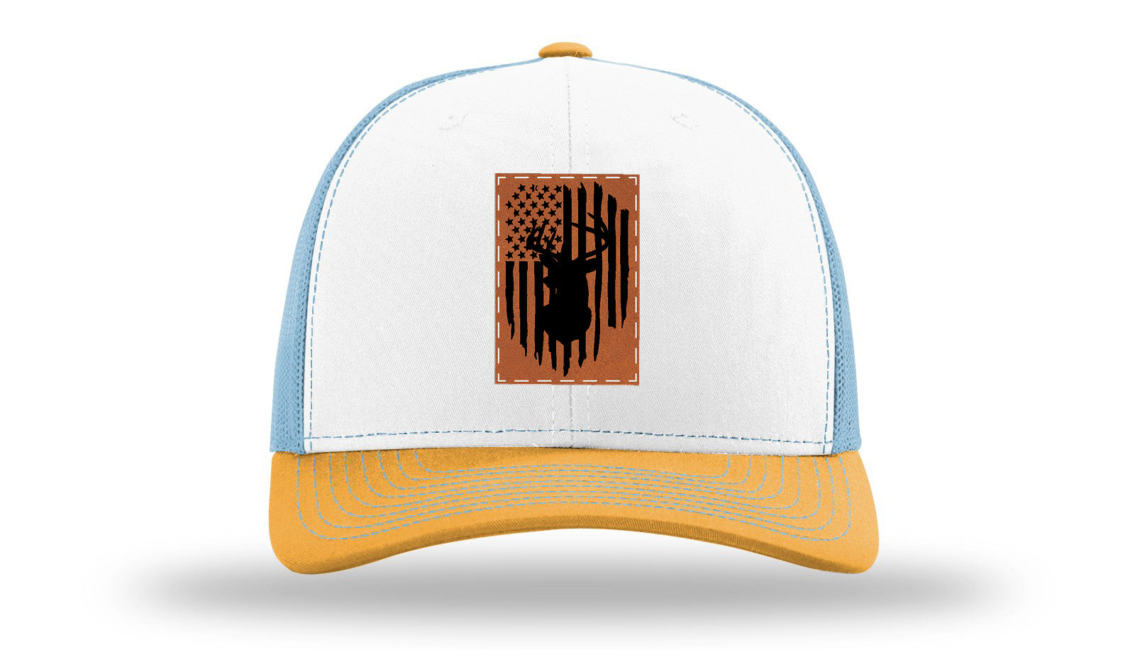 Buck Flag Leather Patch Richardson 112 Hat-White / Columbia Blue / Yellow