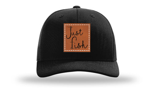 Richarson 112 Black Hat with 'Girl Dad' text Rawhide Leather Patch Hat with White stitching.