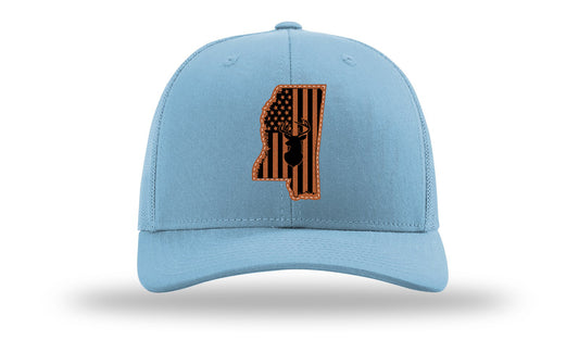 MS Cutout American Flag Deer Leather Patch Richardson 112 Hat-Columbia Blue