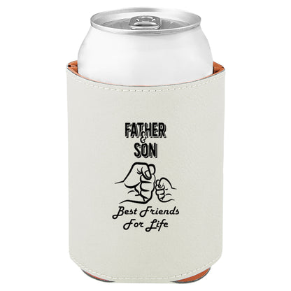 Father & Son Fist Bump Leatherette Koosie-White