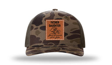 Load image into Gallery viewer, Father &amp; Daughter Fist Bump Leather Patch Richardson 112PFP Camo Hat
