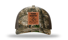 Load image into Gallery viewer, Father &amp; Daughter Fist Bump Leather Patch Richardson 112PFP Camo Hat
