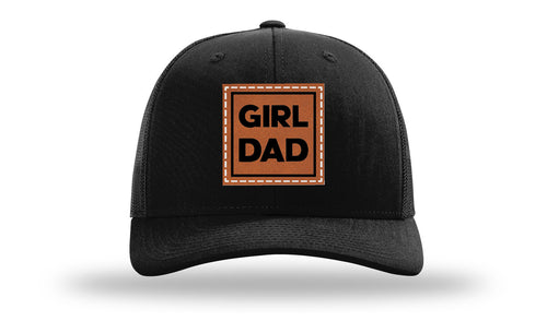 Richarson 112 Black Hat with 'Girl Dad' text Rawhide Leather Patch Hat with White stitching.
