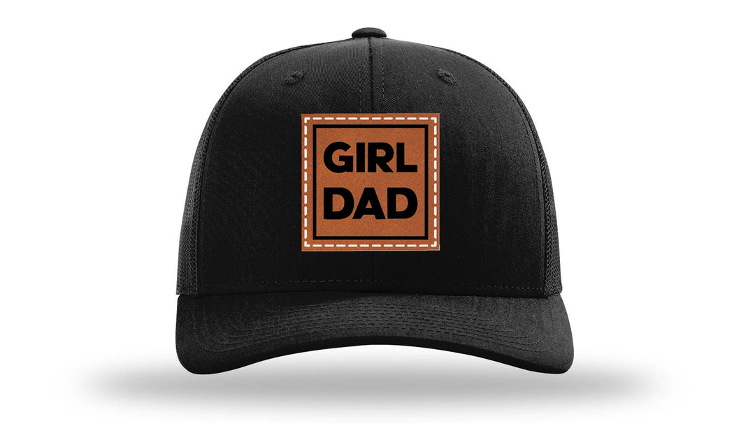 Richarson 112 Black Hat with 'Girl Dad' text Rawhide Leather Patch Hat with White stitching.