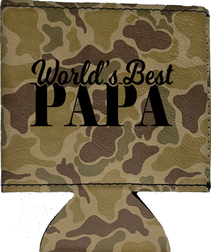 World's Best Papa Magnetic Leather Koozie-Duck Camo