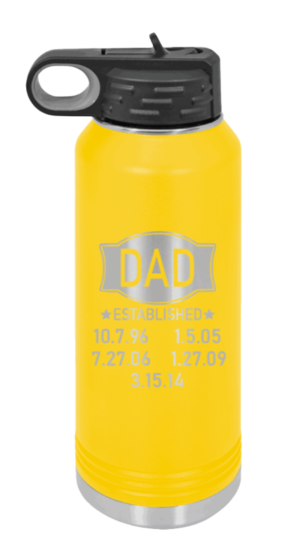 Dad Established - 32oz Water Bottle Laser Engraved- Yellow