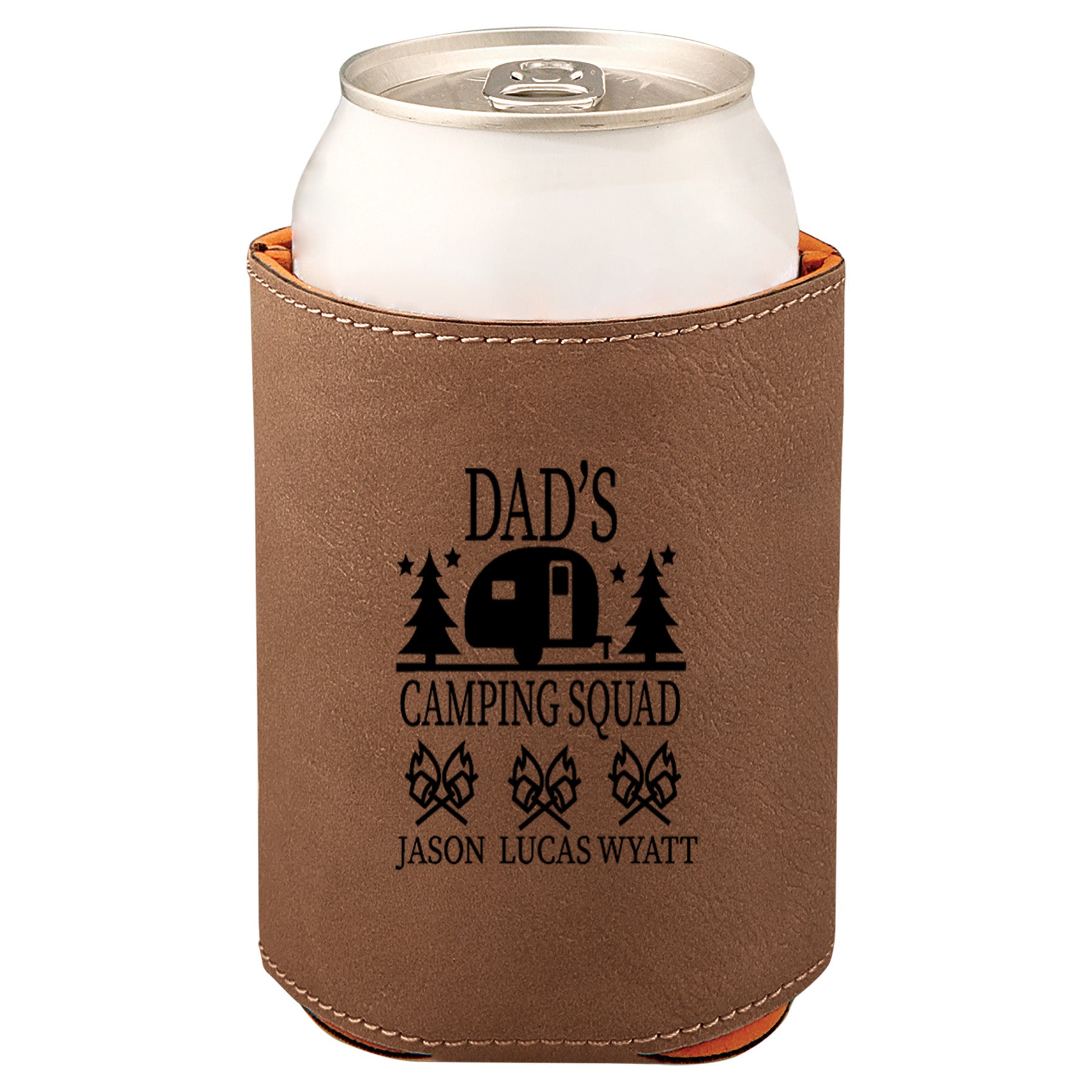 Dad's Camping Squad Leatherette Koosie-Dark Brown