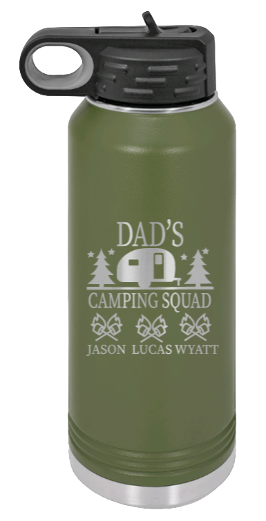 Dad's Camping Squad - 32oz Water Bottle Laser Engraved- Olive