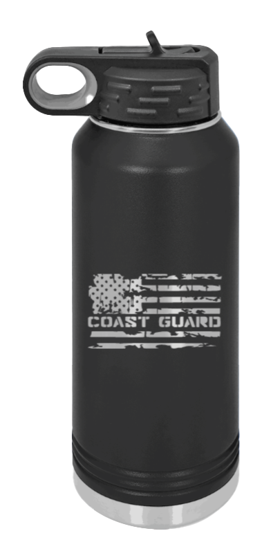 Coast Guard Flag - 32oz Water Bottle Laser Engraved- Black
