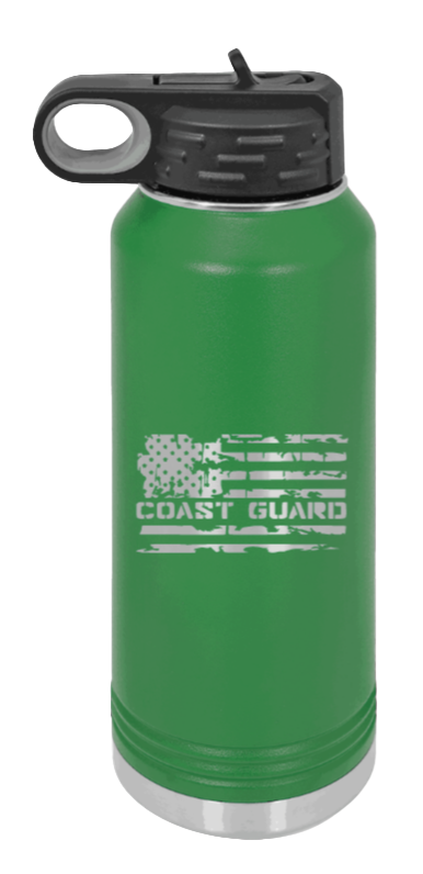 Coast Guard Flag - 32oz Water Bottle Laser Engraved- Green