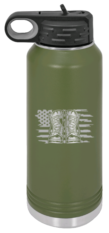 Combat Boots Flag - 32oz Water Bottle Laser Engraved- Olive