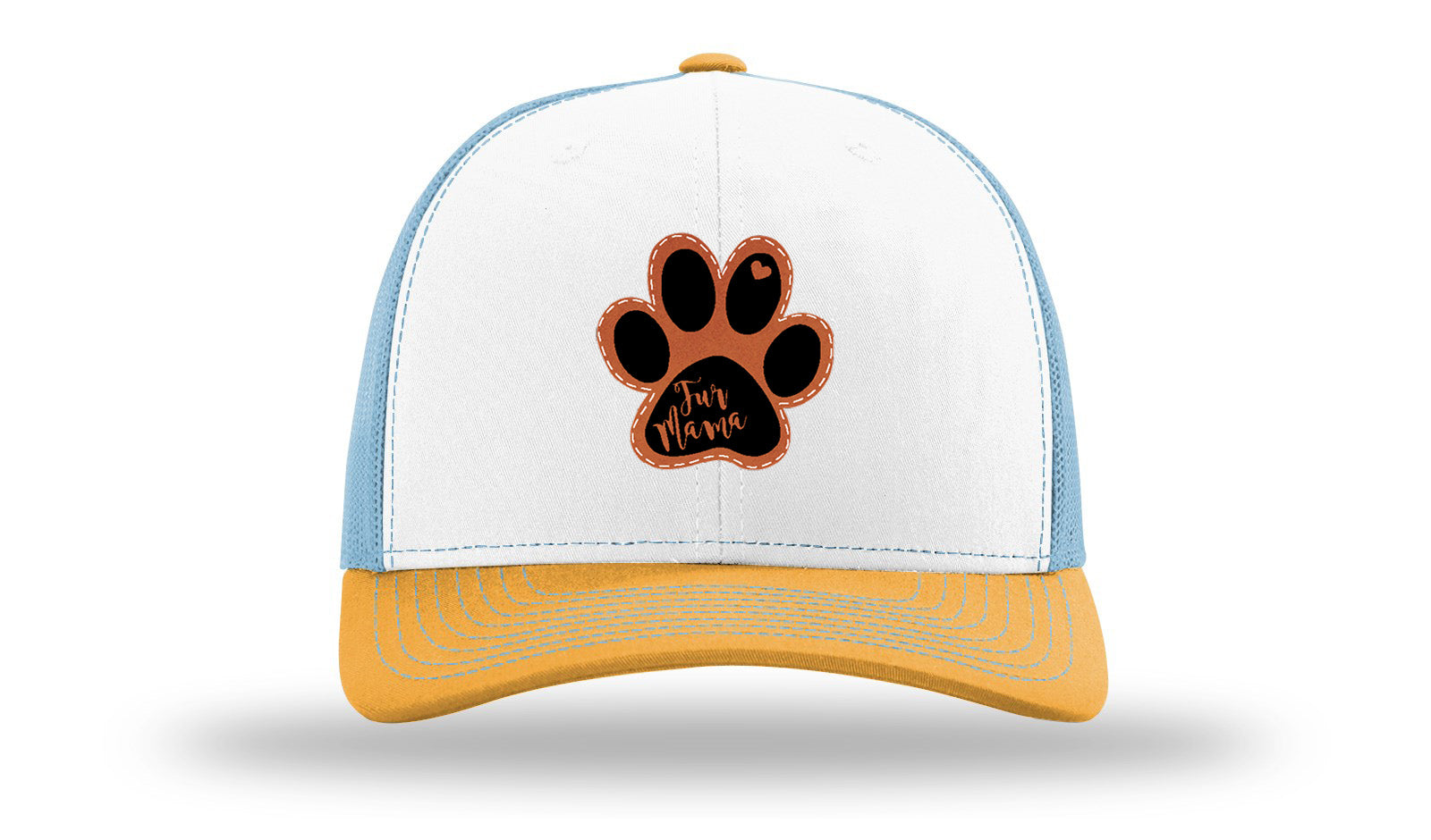 Fur Mama Leather Patch Richardson 112 Hat-White / Columbia Blue / Yellow