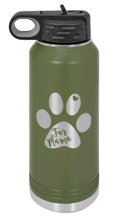 Fur Mama - 32oz Water Bottle Laser Engraved- Olive