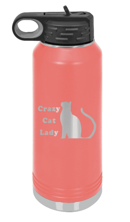 Crazy Cat Lady - 32oz Water Bottle Laser Engraved- Coral