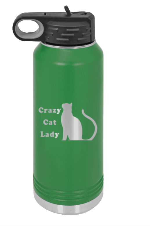 Crazy Cat Lady - 32oz Water Bottle Laser Engraved- Green