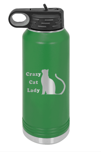 Crazy Cat Lady - 32oz Water Bottle Laser Engraved- Green