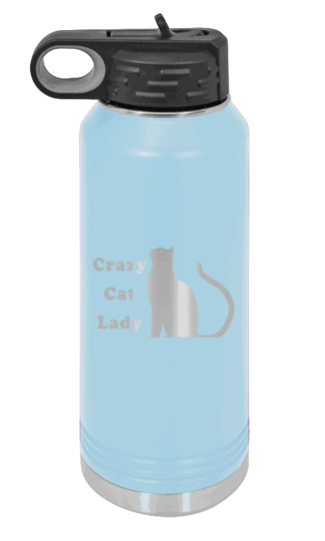 Crazy Cat Lady - 32oz Water Bottle Laser Engraved- Light Blue