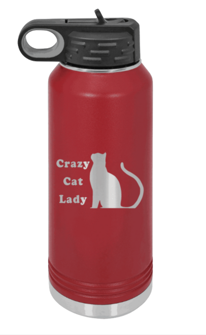 Crazy Cat Lady - 32oz Water Bottle Laser Engraved- Maroon
