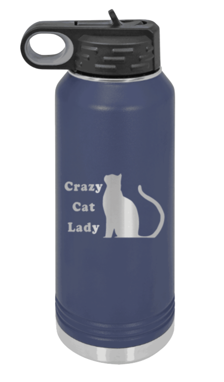 Crazy Cat Lady - 32oz Water Bottle Laser Engraved- Navy