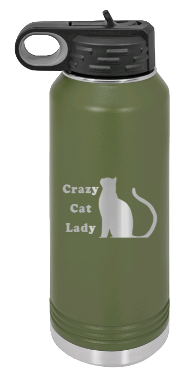 Crazy Cat Lady - 32oz Water Bottle Laser Engraved- Olive