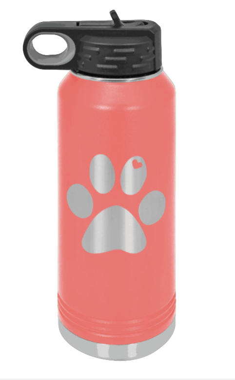 Paw Love - 32oz Water Bottle Laser Engraved- Coral