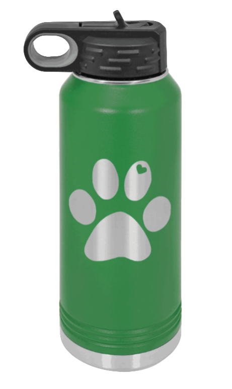 Paw Love - 32oz Water Bottle Laser Engraved- Green