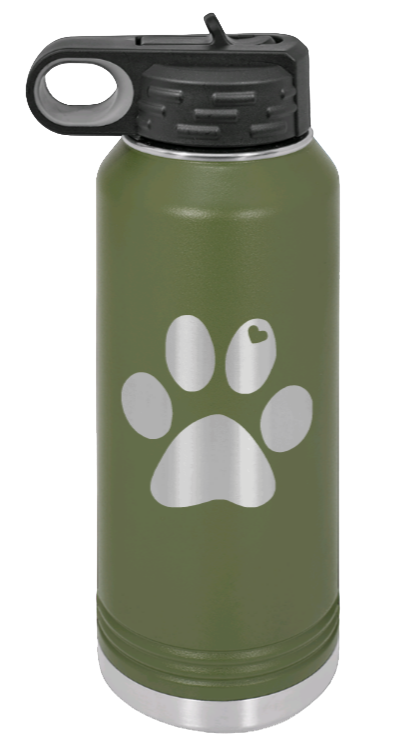 Paw Love - 32oz Water Bottle Laser Engraved- Olive