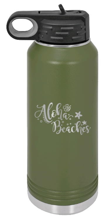 Aloha Beaches - 32oz Water Bottle Laser Engraved- Olive