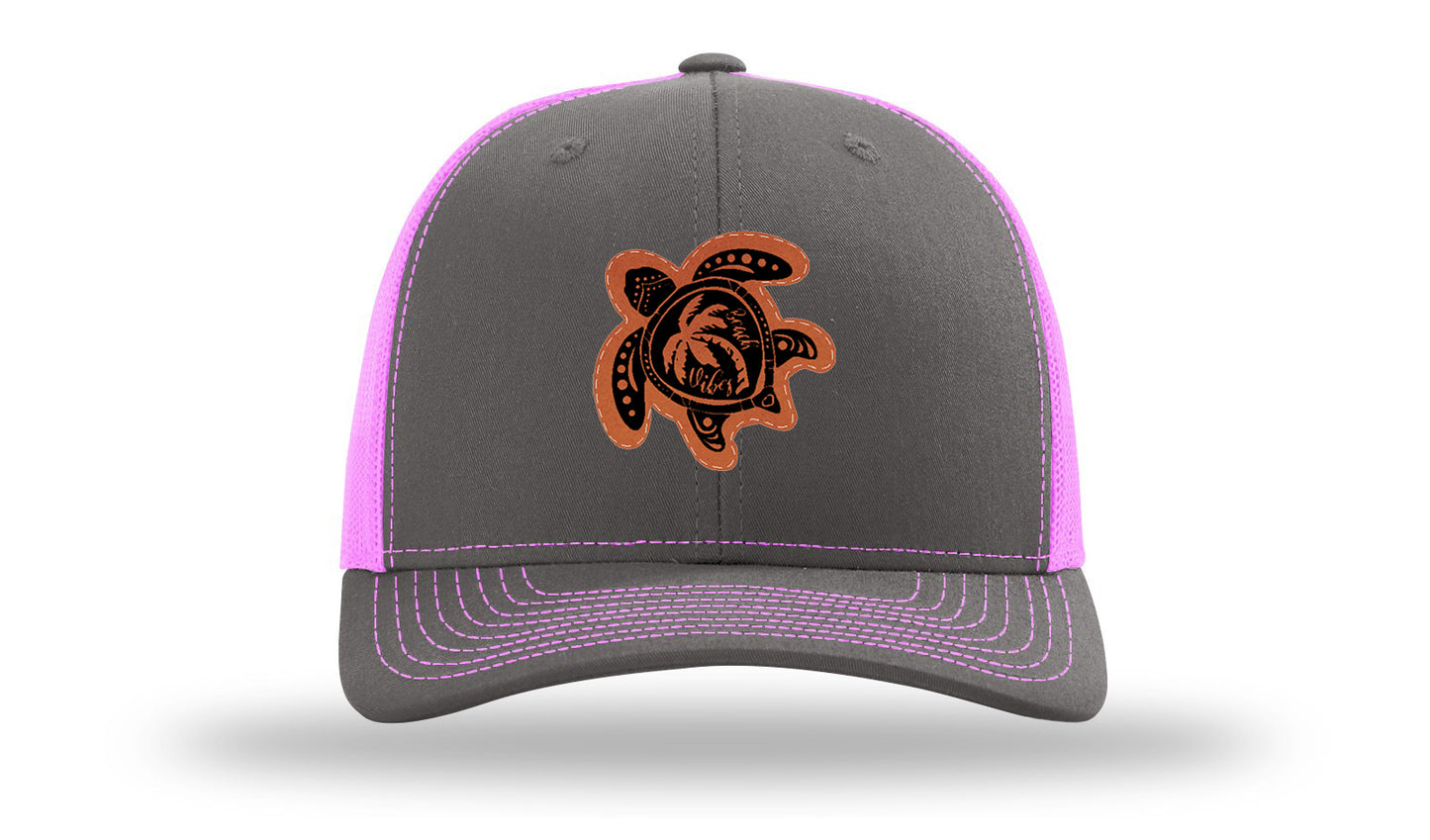 Turtle Leather Patch Richardson 112 Hat-Charcoal / Neon Pink