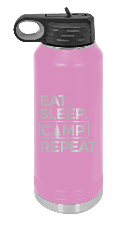 Eat Sleep Camp Repeat - 32oz Water Bottle Laser Engraved- Light Purple