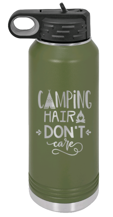 Camping Hair Don't Care - 32oz Water Bottle Laser Engraved- Olive