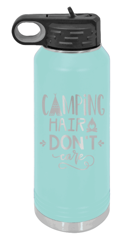 Camping Hair Don't Care - 32oz Water Bottle Laser Engraved- Teal