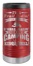 Load image into Gallery viewer, Trail Riding Camping Girl Laser Engraved Slim Can Insulated Koosie
