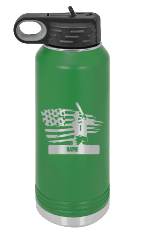 Baseball Player 2 - 32oz Water Bottle Laser Engraved- Green