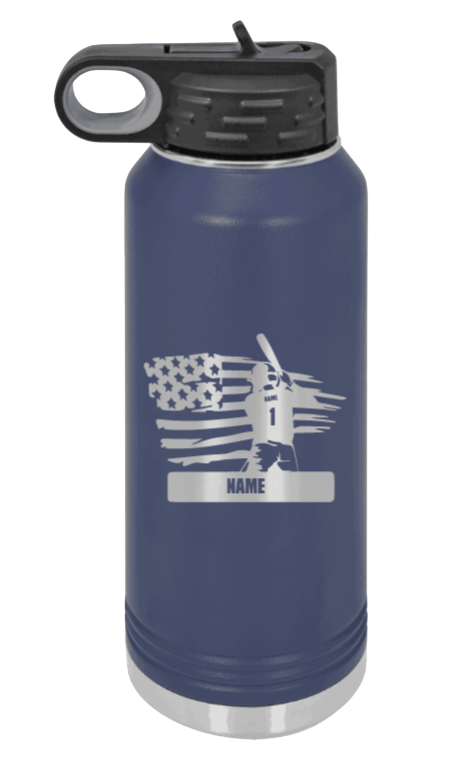 Baseball Player 2 - 32oz Water Bottle Laser Engraved- Navy