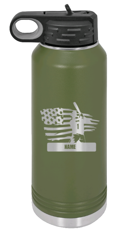 Baseball Player 2 - 32oz Water Bottle Laser Engraved- Olive