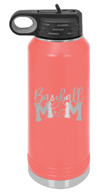 Baseball Mom - 32oz Water Bottle Laser Engraved- Coral