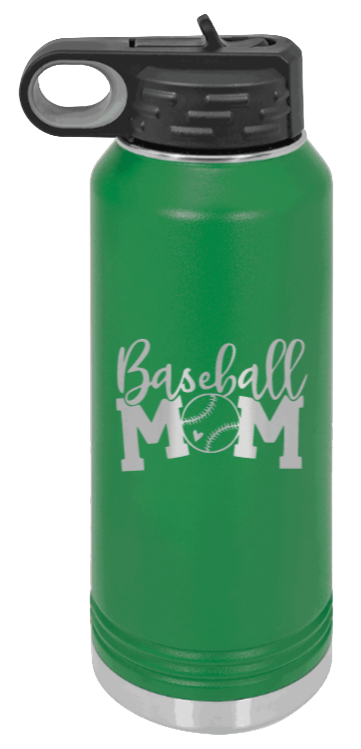 Baseball Mom - 32oz Water Bottle Laser Engraved- Green