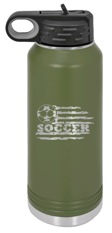 Soccer Flag - 32oz Water Bottle Laser Engraved- Olive