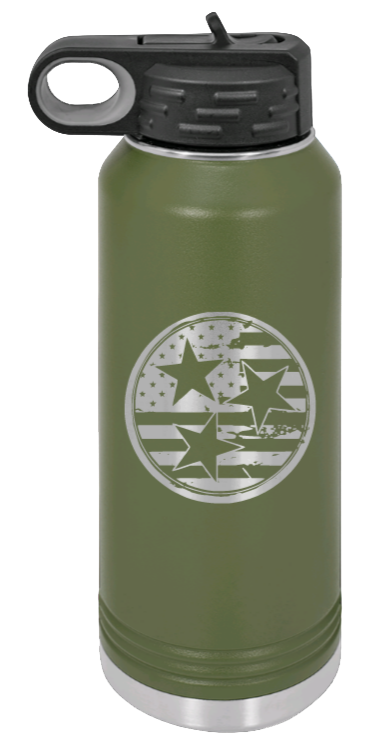 Tennessee Tristar Flag - 32oz Water Bottle Laser Engraved- Olive