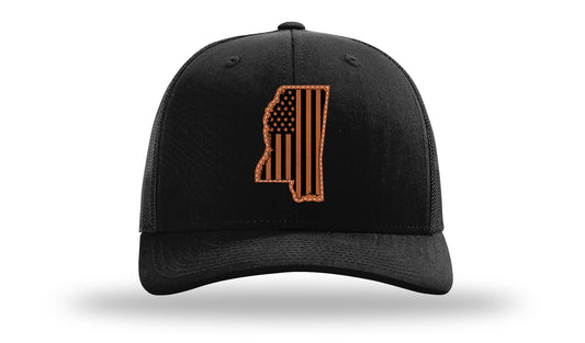 MS Cutout American Flag Leather Patch Richardson 112 Hat-Black