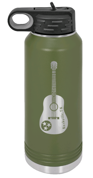 Tennessee Guitar - 32oz Water Bottle Laser Engraved- Olive