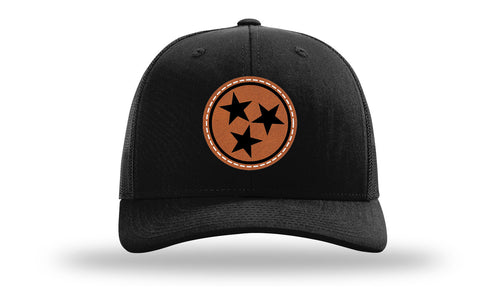 Richarson 112 Black Hat with 'Girl Dad' text Rawhide Leather Patch Hat with White stitching.