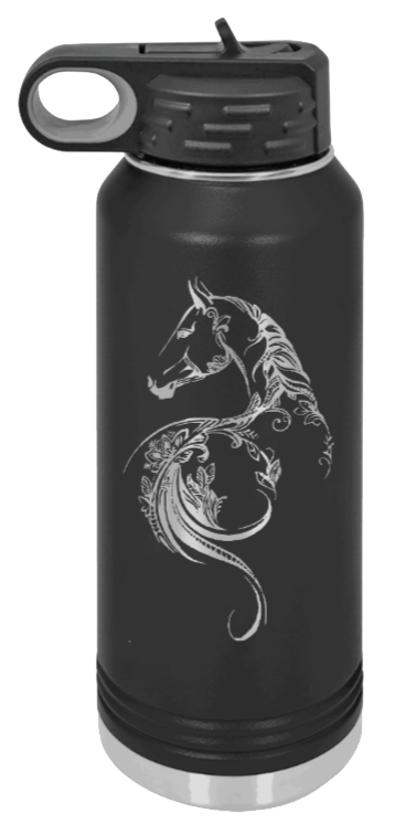 Floral Horse - 32oz Water Bottle Laser Engraved- Black