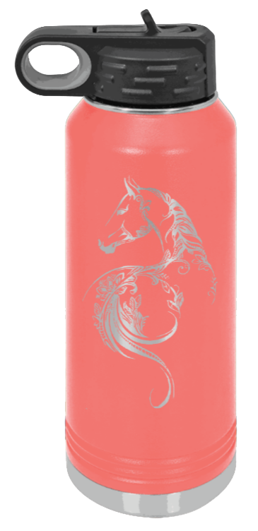 Floral Horse - 32oz Water Bottle Laser Engraved- Coral