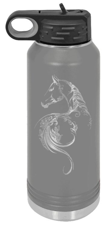 Floral Horse - 32oz Water Bottle Laser Engraved- Dark Grey