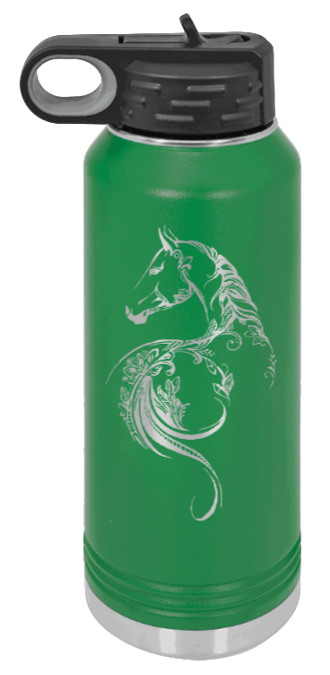 Floral Horse - 32oz Water Bottle Laser Engraved- Green
