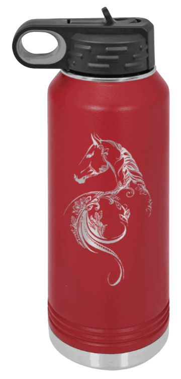 Floral Horse - 32oz Water Bottle Laser Engraved- Maroon