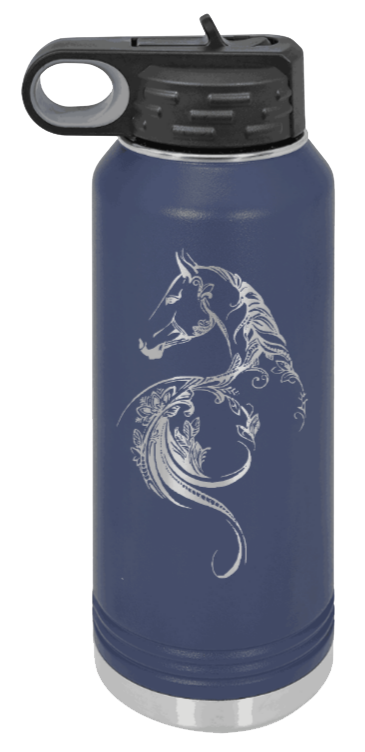 Floral Horse - 32oz Water Bottle Laser Engraved- Navy